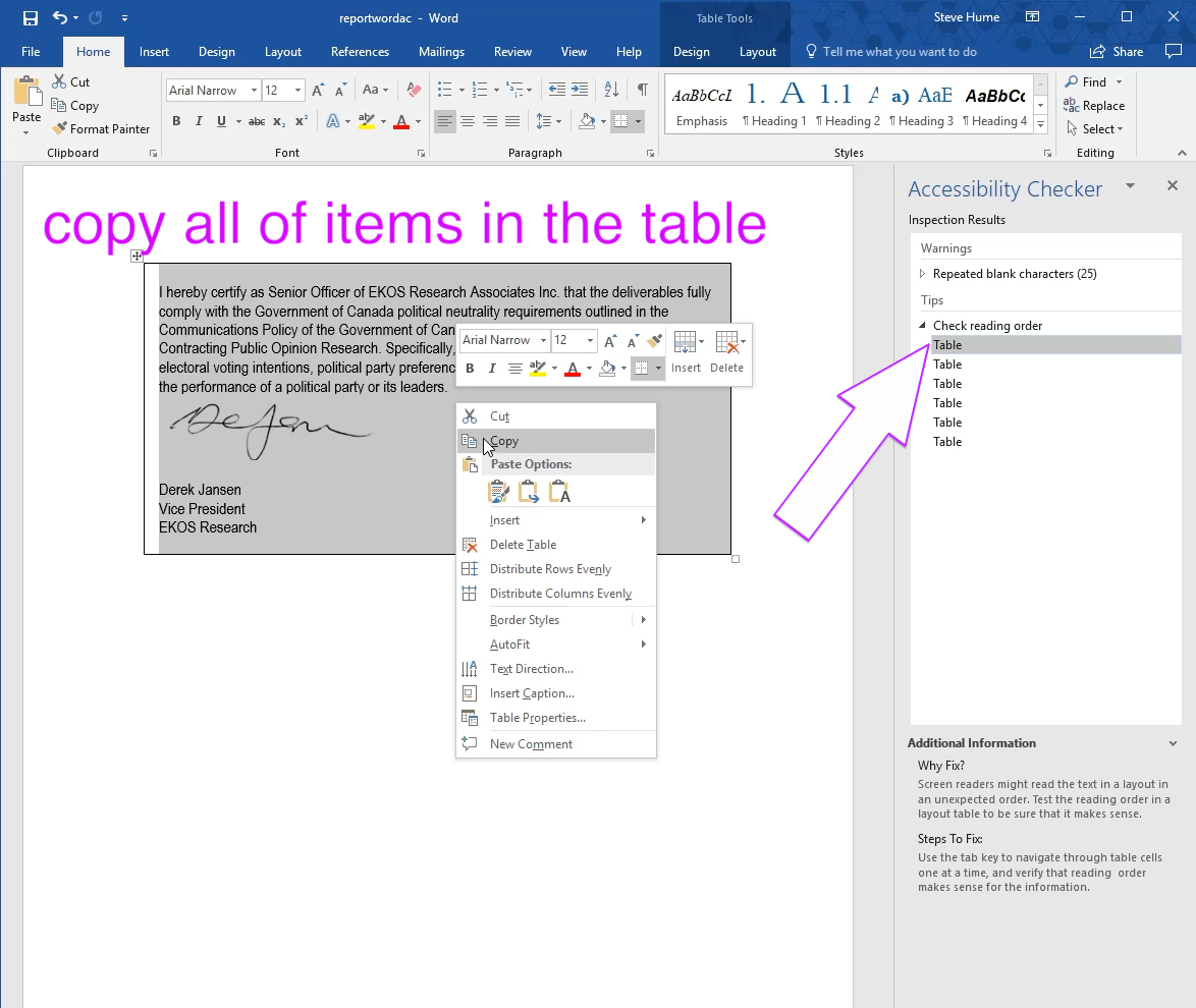 copy all text inside a table