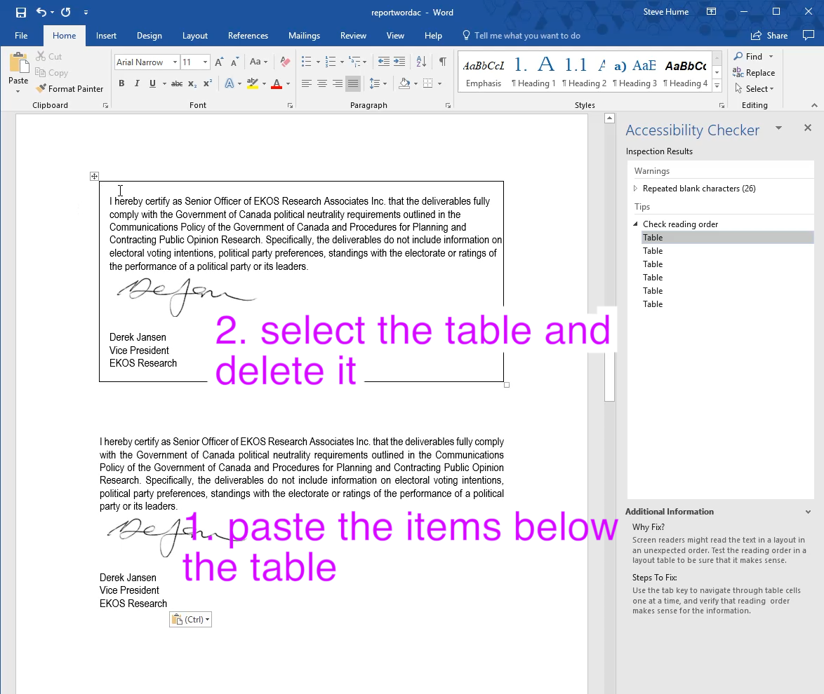 paste the text outside the table