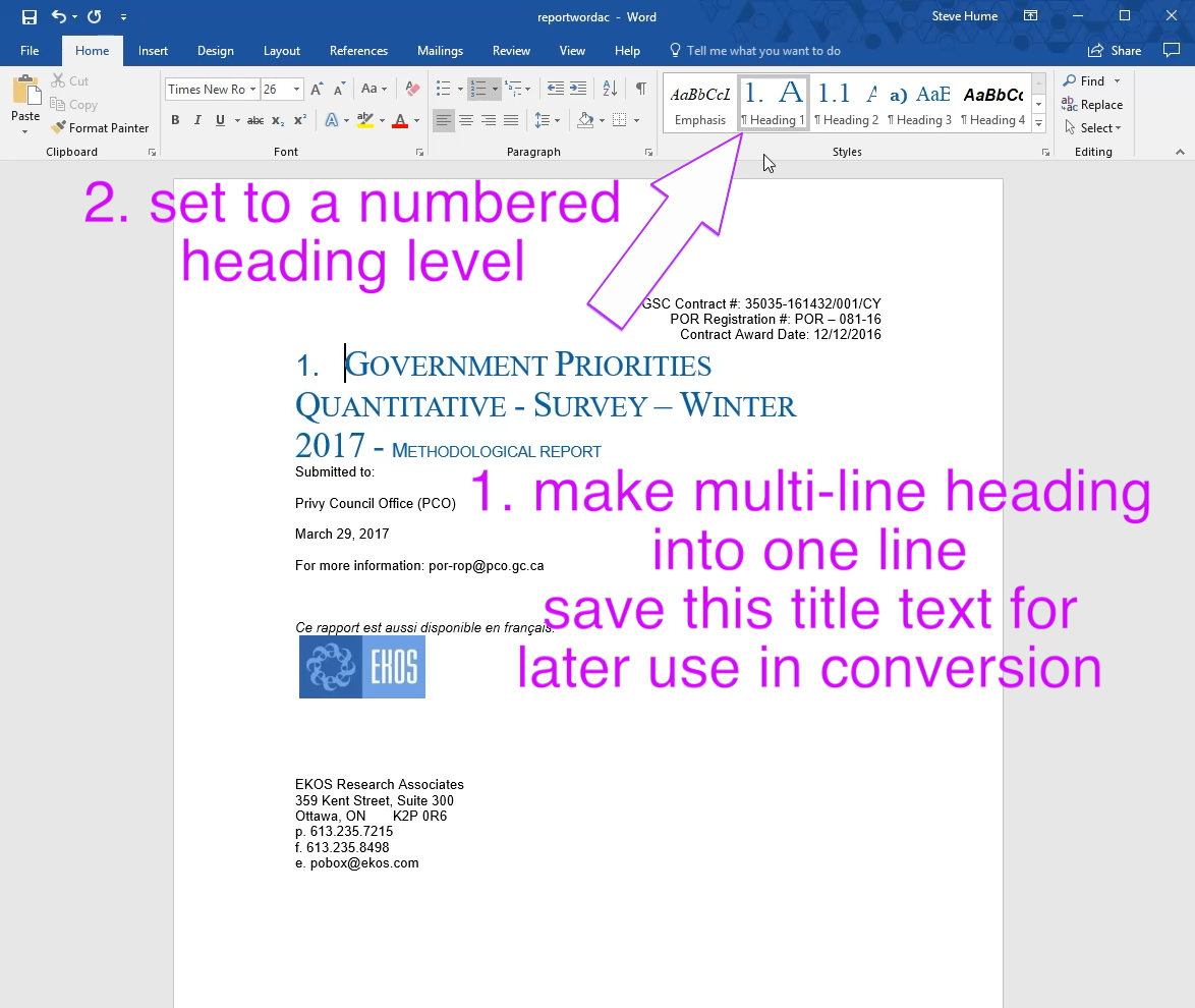 collapse title and assign heading1 style