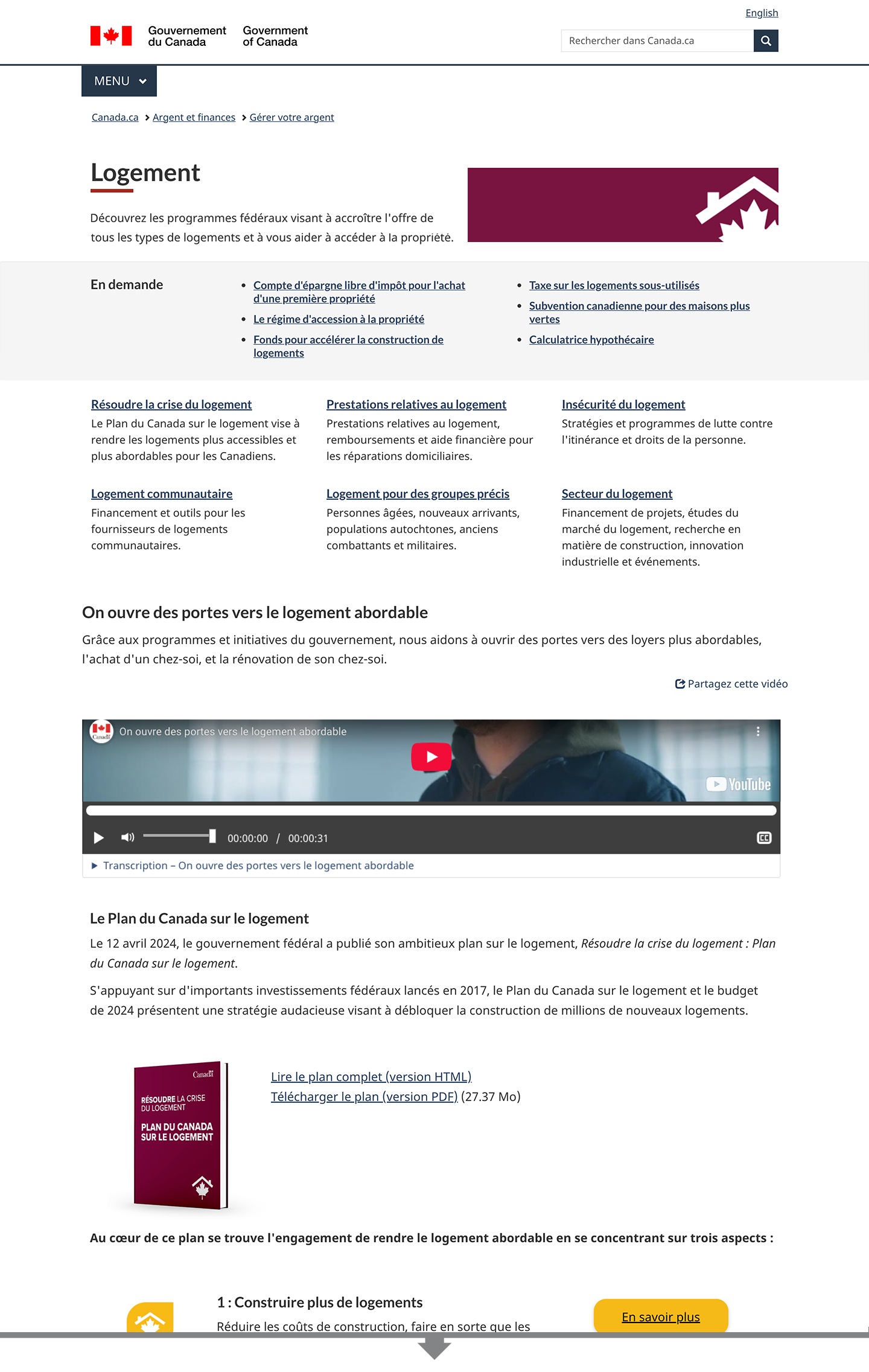 La page de sujet sur le logement sur Canada.ca, avec l’image de marque de la campagne intégrée au contenu principal.